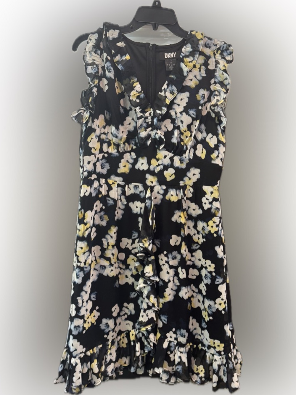 DKNY Black Floral Ruffle V-Neck Dress with Yellow & Blue Accents